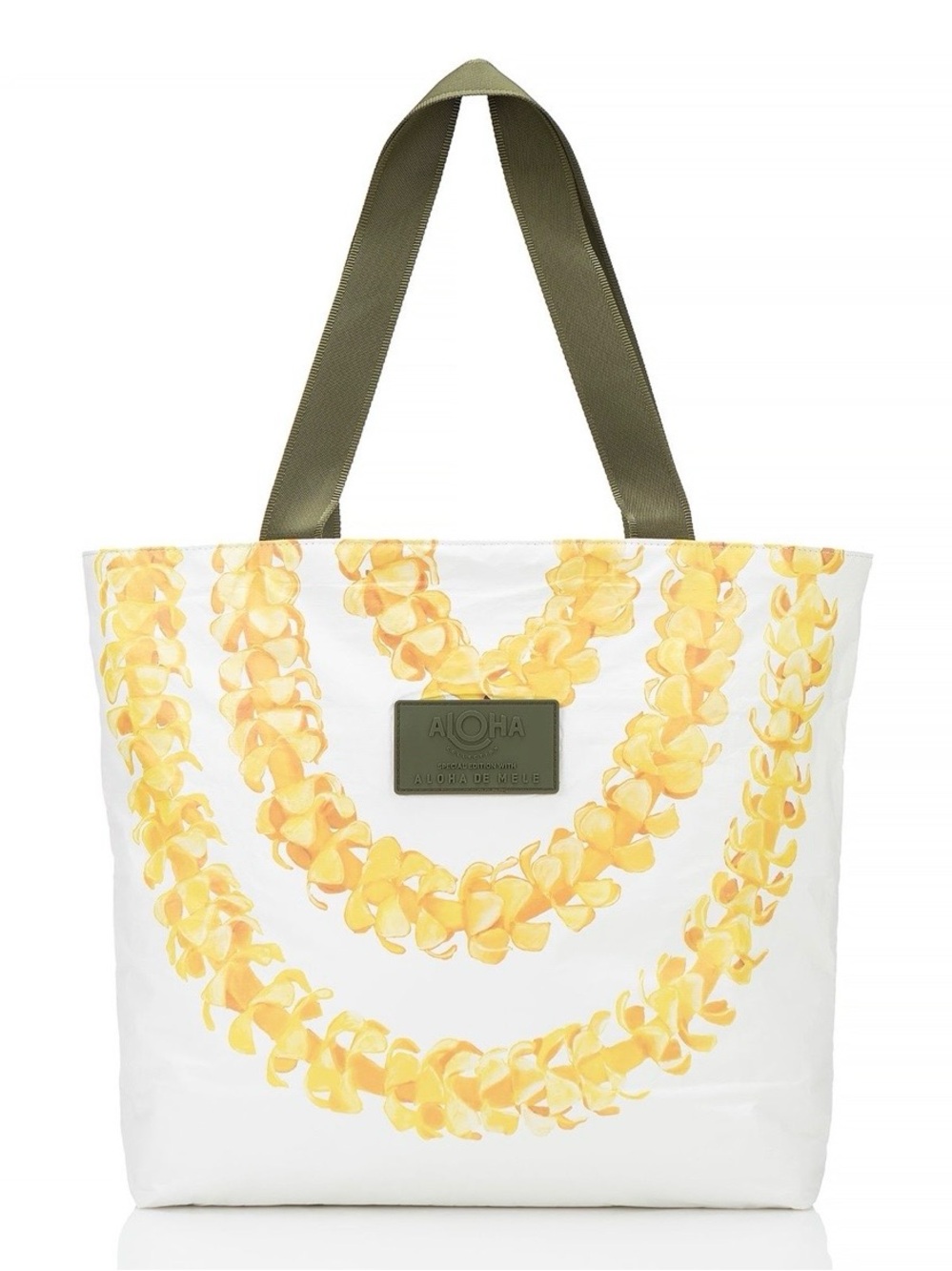 ALOHA Collection White Tote with Yellow Lei Print and Olive Handles